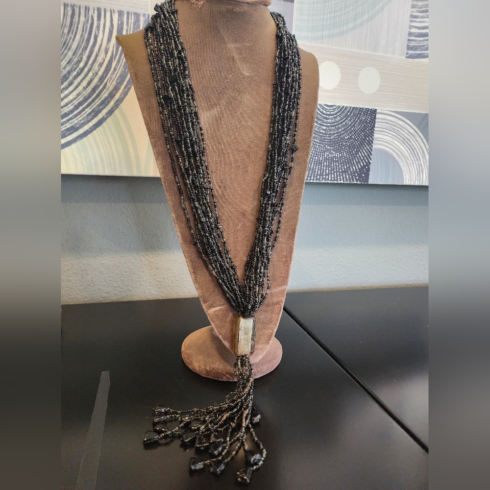 Elegant Layered And Fringed Black Beaded Statement Necklace